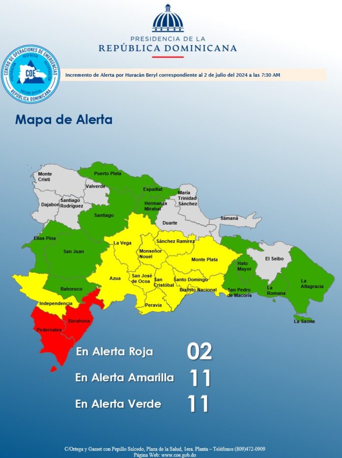 COE mantiene 24 provincias en alerta por los efectos del huracán Beryl