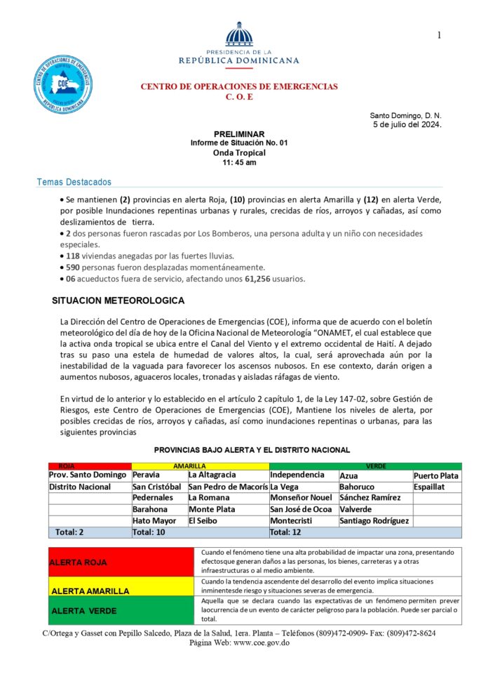 SD en alerta y 24 provincias en alerta