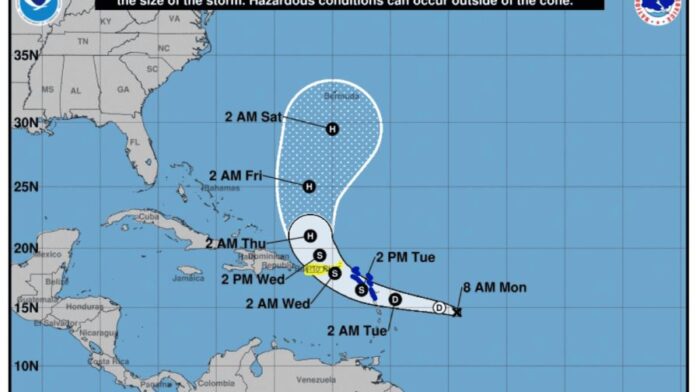 Clima en RD: Sistema podría convertirse en depresión tropical este lunes. (NOAA) Clima en RD: Sistema podría convertirse en depresión tropical este lunes. (NOAA)