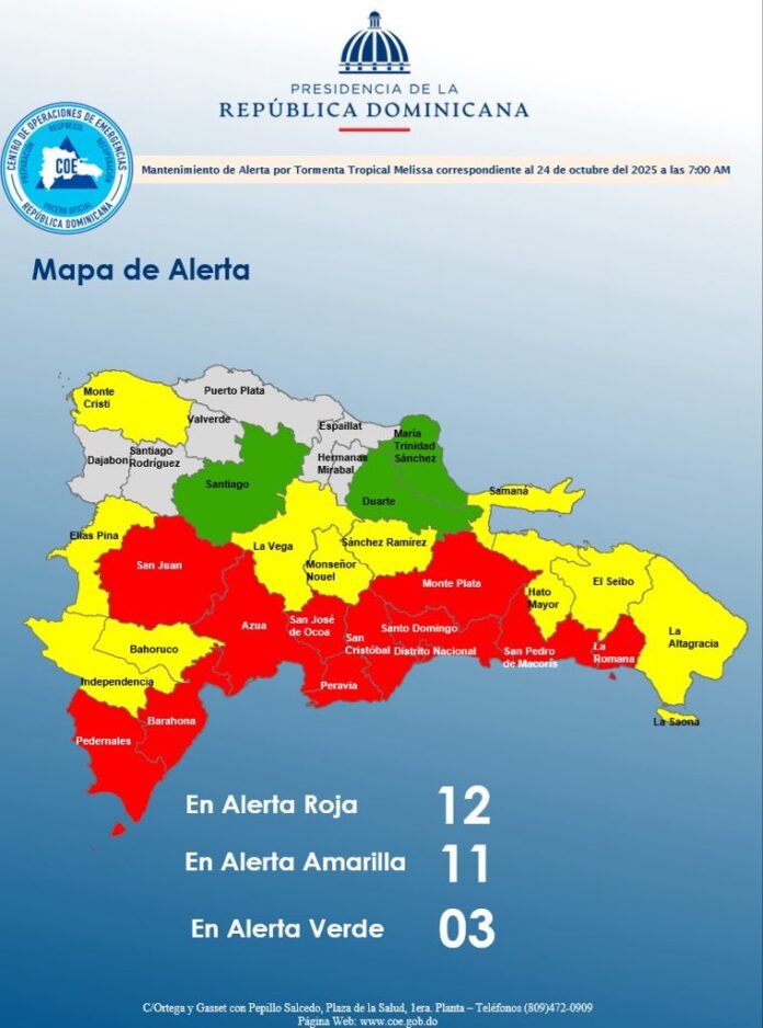 El COE mantiene 11 provincias y al Distrito Nacional en alerta roja, 11 en amarilla y 03 en verde, debido a que la tormenta Melissa