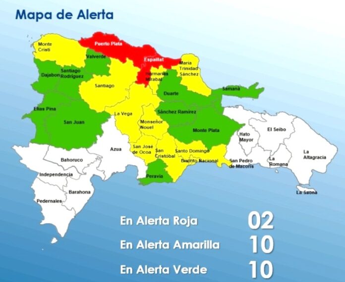 El COE mantiene 02 provincias en alerta roja, aumenta 09 y el Distrito Nacional en amarilla y 10 en verde