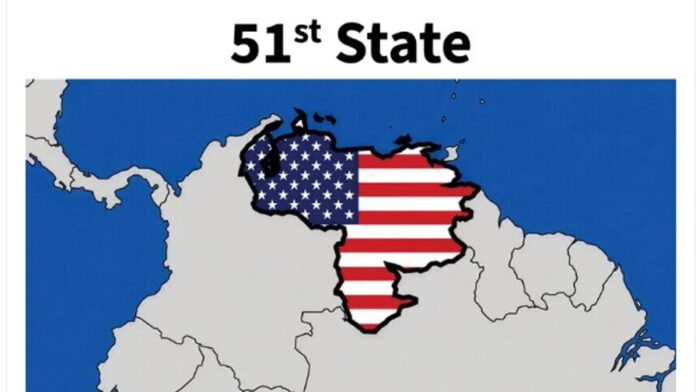 Imagen difundida este martes en la cuenta de Truth Social @realDonaldTrump del presidente de EE. UU., Donald Trump, de un mapa de Venezuela con la bandera de Estados Unidos y un texto que la identifica como el estado 51. (EFE)